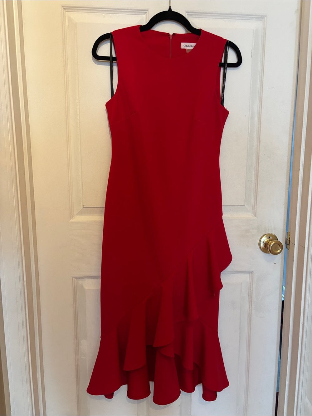 Calvin Klein Red Sleeveless Midi Dress with Ruffle Hem